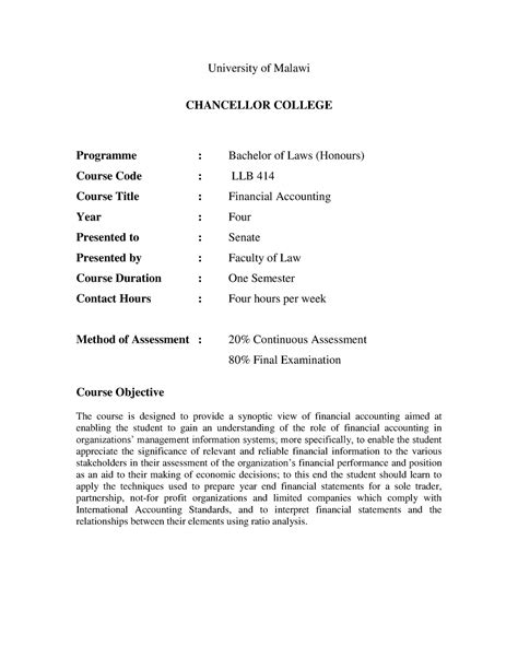 Course Outline - University of Malawi CHANCELLOR COLLEGE Programme : Bachelor of Laws (Honours ...