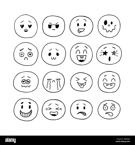 Sketched facial expressions set. Happy hand drawn funny smiley faces ...