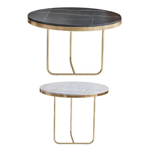 Modern Round Nesting Coffee Table Set 2-Piece Black & White Sintered Stone Top Gold Base-Homary