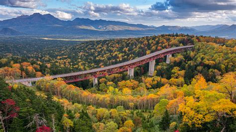 A Highway Passing Through An Yellow Autumn Forest At Mikuni Pass Hokkaido Japan Stock Photo ...