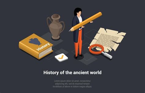 Premium Vector | History subject concept female character student with huge pencil among history ...