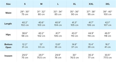 Size Chart - Flex All Day Pants 30"