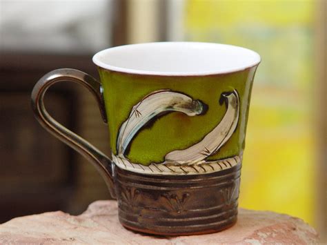 Green Pottery Coffee Mug | Unique Handmade Clay Tea Cup | Wheel Thrown Mug - Matte & Glossy ...