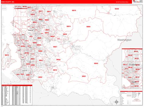 King County, WA Zip Code Wall Map Red Line Style by MarketMAPS - MapSales