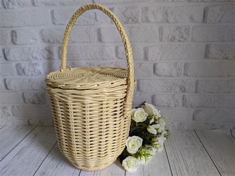 Round wicker basket with lid medium-sized Birkin bag beige | Etsy