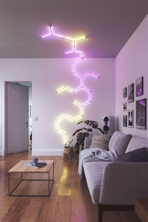 Nanoleaf Lines in a living room Wall Lighting Design, Wall Decor Design, Bar Lighting, Home ...