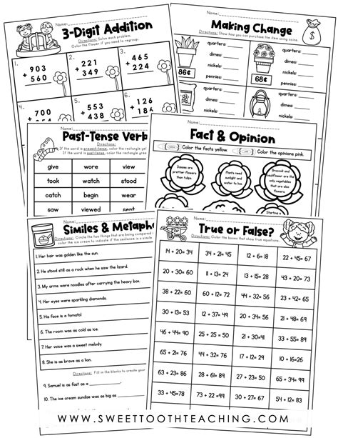 2nd Grade Review Worksheets - Sweet Tooth Teaching