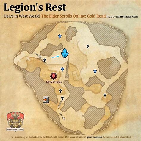 ESO Legion's Rest Delve Map with Skyshard and Boss location in West Weald (Gold Road)