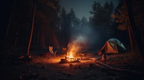 Premium AI Image | Camping in the forest at night with a bonfire and a tent