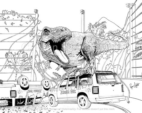 Jurassic Park T-rex Ryan Schuette Jurassic World Coloring Printable Adult Coloring Page Instant ...