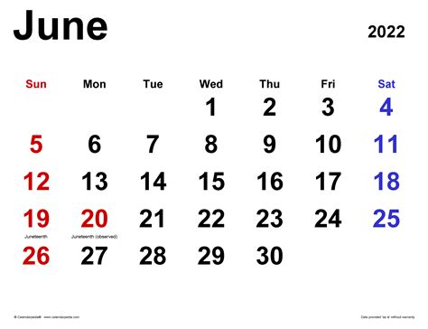 June 2022 Calendar | Templates for Word, Excel and PDF