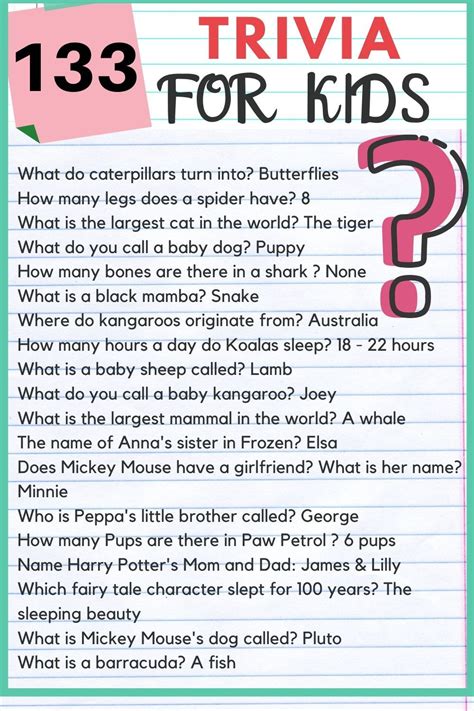 Trivia For Kindergarten And First Grade