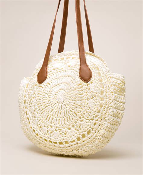 Borsa mare in rafia con pompon Donna, Bianco | TWINSET Milano