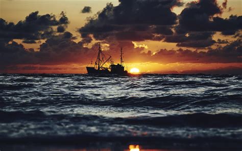 Download wallpapers fishing boat, sunset, evening, seascape, waves, sea, fishing ...