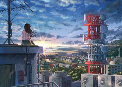 anime-girl-sit-scenic-buildings-sunset-back-view-clouds-anime Scenery Background, Scenery ...