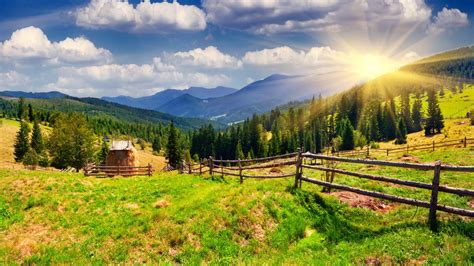 Download Nature Farm Sunlight Mountain HD Wallpaper