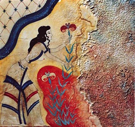 Fresco of a Minoan Beauty, collecting crocus (saffron plant) - Cycladic Settlement of Akrotiri ...