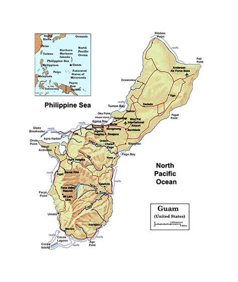 Detailed political map of Guam with relief, rivers, roads, cities and airports | Guam | Oceania ...