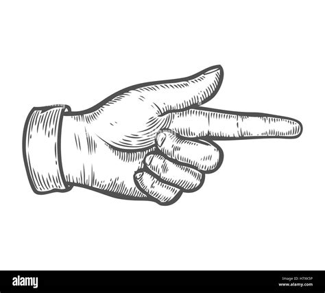 Hand gesture. Pointing right finger. Retro vintage sketch vector illustration. Engraving style ...