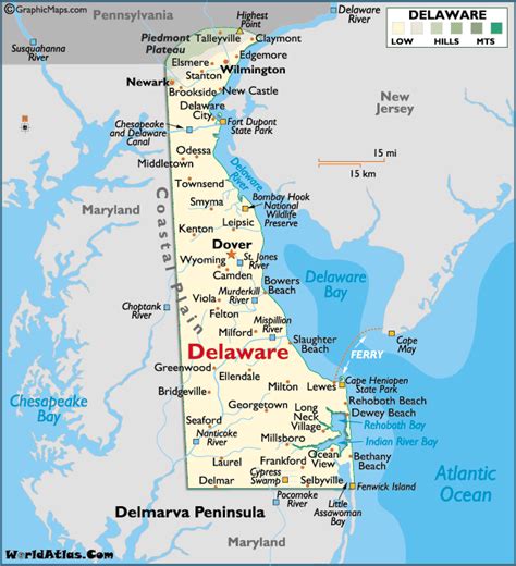 Map of Delaware with Major Cities and Terrain