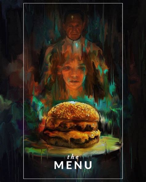 a painting of a man sitting behind a giant hamburger on a plate with the words menu written below it