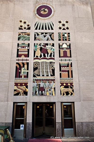 Art deco colorful sculpture relief entrance to 45 Rockefeller Plaza building, Rockefeller Center ...