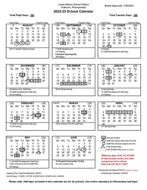 Lower Merion School District Calendar 2022-2023 in PDF