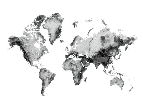 3d World Map Black And White Shaded Relief Hypsometric Map, 3d illustration 44848833 PNG