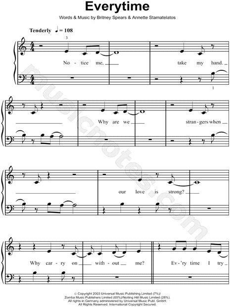 Britney Spears "Everytime" Sheet Music (Easy Piano) in C Major (transposable) - Download & Print ...