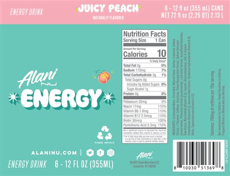 Alani Nu Energy Drink - Juicy Peach - 12oz Cans (6 Pack)