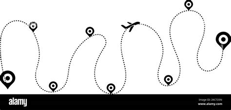An illustrated design of map pins connected to each other with dotted lines with an airplane ...