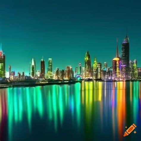 Vibrant lime green and turquoise cityscape