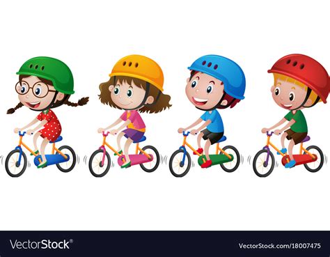 Four kids riding bike with helmet Royalty Free Vector Image