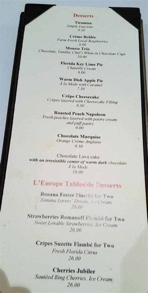 Menu at Cafe L'Europe, Sarasota, 431 Saint Armands Cir