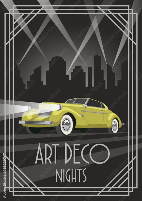 Art Deco Night Retro Car Poster. 1920s Art Deco Style Illustration ...