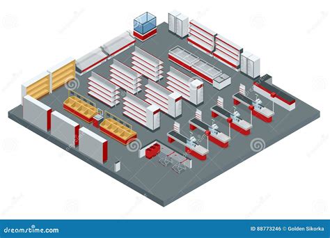 Supermarket Interior, Grocery Shop And Different Types Of Food, Dishes. Various Departments Of ...