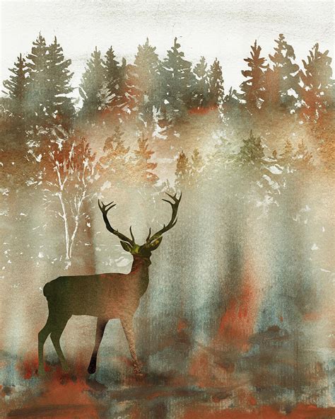 Deer Buck In Fall Forest Watercolor Silhouette Painting by Irina ...