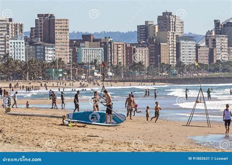 People on Visit To Beach Against Durban City Skyline Editorial Photo ...