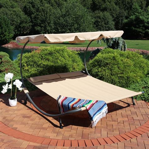 Sunnydaze Double Chaise Outdoor Lounge Bed with Canopy and Headrest ...