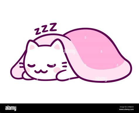 Cute cartoon white cat sleeping under pink blanket. Adorable kawaii ...