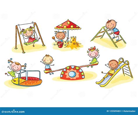 Happy Cartoon Kids on Playground, Cartoon Graphics, Illustration Stock ...