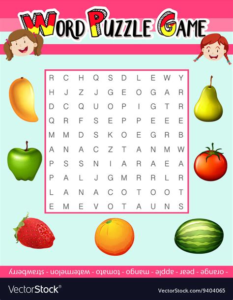 Word puzzle game template with fruit theme Vector Image