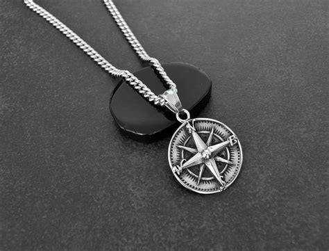 Compass Necklace Mens Compass Pendant on Stainless Steel Curb | Etsy