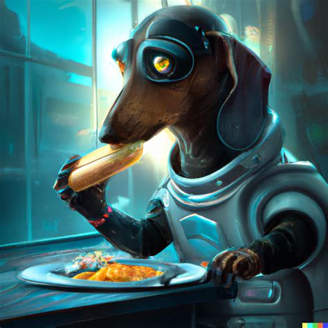 cyberpunk dachshund dog eating nachos, cyberpunk, by crazyArt009 on DeviantArt