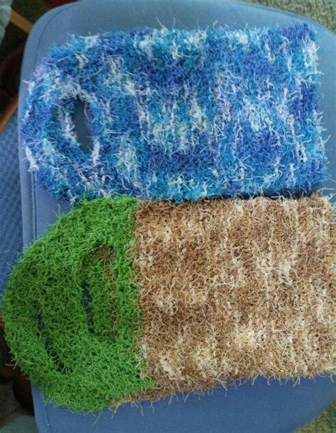 Two bath back scrubbers from Red Heart Scrubby yarns. Gifts. 24 stitches wide is ideal width ...