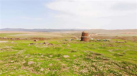 Aerial view Ani - Armenian capital from past. Plateau with ruins of churches. City of 1001 ...