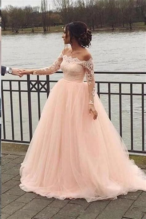 Fashion Long Sleeves Lace Off the Shoulder Light Pink Wedding Dresses Formal Prom Gown Dress ...