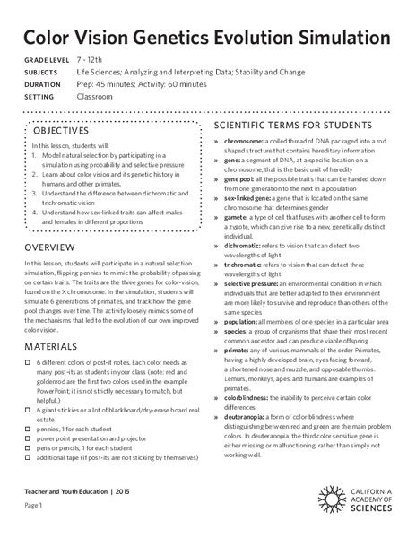 Color Vision Genetics Evolution Simulation Lesson Plan for 7th - 12th Grade | Lesson Planet