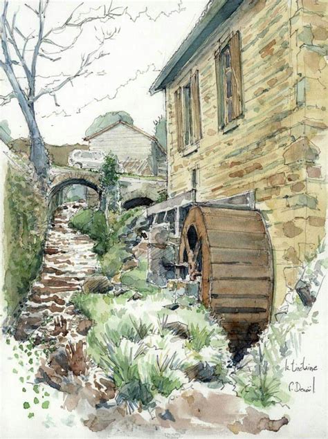 Landscape paintings, Watercolor landscape, Watercolor architecture