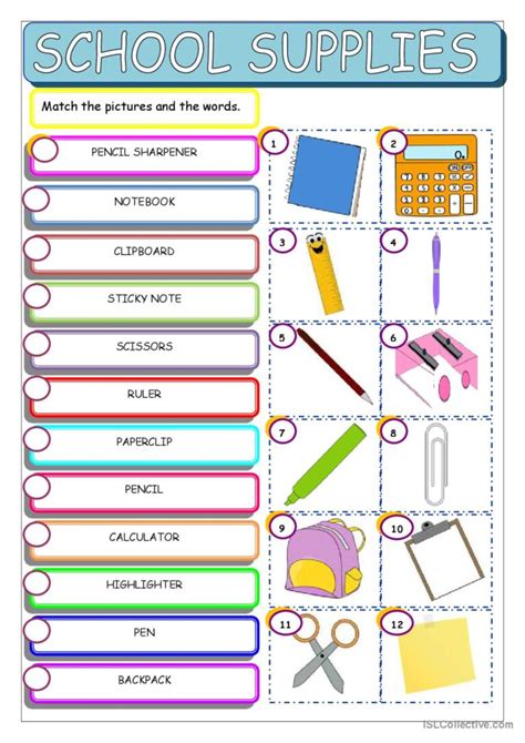 School Supplies: English ESL worksheets pdf & doc